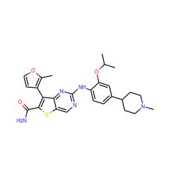 Cc1occc1-c1c(C(N)=O)sc2cnc(Nc3ccc(C4CCN(C)CC4)cc3OC(C)C)nc12 ZINC000205109211