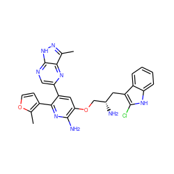 Cc1occc1-c1nc(N)c(OC[C@@H](N)Cc2c(Cl)[nH]c3ccccc23)cc1-c1cnc2[nH]nc(C)c2n1 ZINC000049756821