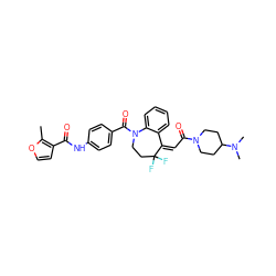 Cc1occc1C(=O)Nc1ccc(C(=O)N2CCC(F)(F)/C(=C/C(=O)N3CCC(N(C)C)CC3)c3ccccc32)cc1 ZINC000026380656