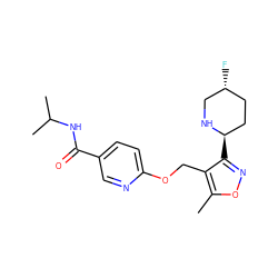 Cc1onc([C@@H]2CC[C@@H](F)CN2)c1COc1ccc(C(=O)NC(C)C)cn1 ZINC000169685424