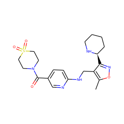 Cc1onc([C@@H]2CCCCN2)c1CNc1ccc(C(=O)N2CCS(=O)(=O)CC2)cn1 ZINC000169685485