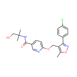 Cc1onc(-c2ccc(Cl)cc2)c1COc1ccc(C(=O)NC(C)(C)CO)cn1 ZINC000143041328