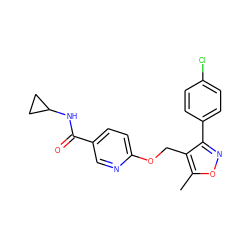 Cc1onc(-c2ccc(Cl)cc2)c1COc1ccc(C(=O)NC2CC2)cn1 ZINC000141415806