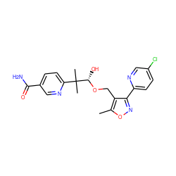 Cc1onc(-c2ccc(Cl)cn2)c1CO[C@@H](O)C(C)(C)c1ccc(C(N)=O)cn1 ZINC000169707489