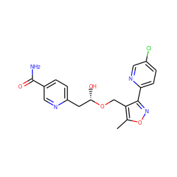 Cc1onc(-c2ccc(Cl)cn2)c1CO[C@@H](O)Cc1ccc(C(N)=O)cn1 ZINC000169707493