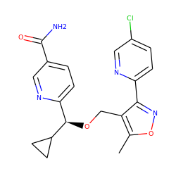 Cc1onc(-c2ccc(Cl)cn2)c1CO[C@H](c1ccc(C(N)=O)cn1)C1CC1 ZINC000142247791