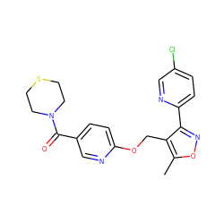 Cc1onc(-c2ccc(Cl)cn2)c1COc1ccc(C(=O)N2CCSCC2)cn1 ZINC000168739920