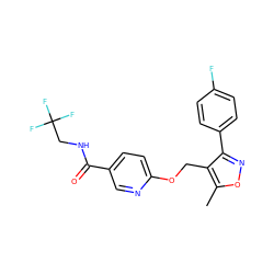 Cc1onc(-c2ccc(F)cc2)c1COc1ccc(C(=O)NCC(F)(F)F)cn1 ZINC000141270449