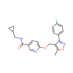 Cc1onc(-c2ccc(F)cc2)c1COc1ccc(C(=O)NCC2CC2)cn1 ZINC000141270641