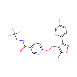 Cc1onc(-c2ccc(F)cn2)c1COc1ccc(C(=O)NCC(F)(F)F)cn1 ZINC000169685406