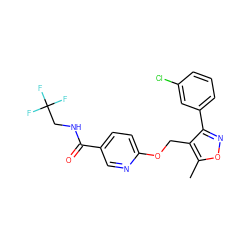 Cc1onc(-c2cccc(Cl)c2)c1COc1ccc(C(=O)NCC(F)(F)F)cn1 ZINC000142002387