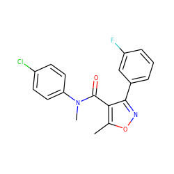 Cc1onc(-c2cccc(F)c2)c1C(=O)N(C)c1ccc(Cl)cc1 ZINC000045372585