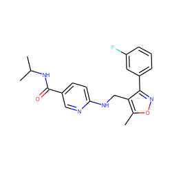 Cc1onc(-c2cccc(F)c2)c1CNc1ccc(C(=O)NC(C)C)cn1 ZINC000142330191