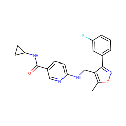 Cc1onc(-c2cccc(F)c2)c1CNc1ccc(C(=O)NC2CC2)cn1 ZINC000142259958