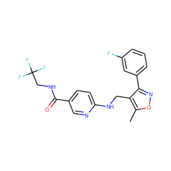 Cc1onc(-c2cccc(F)c2)c1CNc1ccc(C(=O)NCC(F)(F)F)cn1 ZINC000143651203