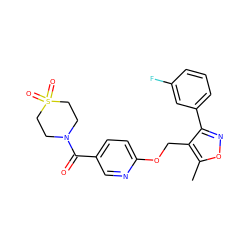 Cc1onc(-c2cccc(F)c2)c1COc1ccc(C(=O)N2CCS(=O)(=O)CC2)cn1 ZINC000142331549