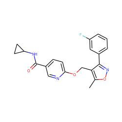 Cc1onc(-c2cccc(F)c2)c1COc1ccc(C(=O)NC2CC2)cn1 ZINC000143925261