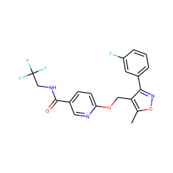 Cc1onc(-c2cccc(F)c2)c1COc1ccc(C(=O)NCC(F)(F)F)cn1 ZINC000141269839