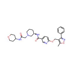 Cc1onc(-c2ccccc2)c1COc1ccc(C(=O)N[C@@H]2CCCN(CC(=O)NC3CCOCC3)C2)cn1 ZINC000143242864