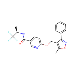 Cc1onc(-c2ccccc2)c1COc1ccc(C(=O)N[C@H](C)C(F)(F)F)cn1 ZINC000141341239