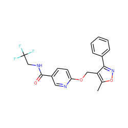 Cc1onc(-c2ccccc2)c1COc1ccc(C(=O)NCC(F)(F)F)cn1 ZINC000143364050