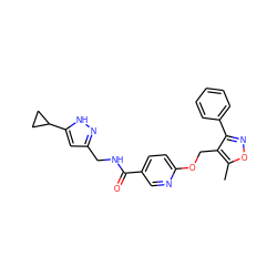 Cc1onc(-c2ccccc2)c1COc1ccc(C(=O)NCc2cc(C3CC3)[nH]n2)cn1 ZINC000149269053