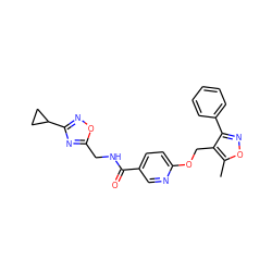 Cc1onc(-c2ccccc2)c1COc1ccc(C(=O)NCc2nc(C3CC3)no2)cn1 ZINC000143237495