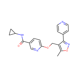 Cc1onc(-c2ccncc2)c1COc1ccc(C(=O)NC2CC2)cn1 ZINC000141282136