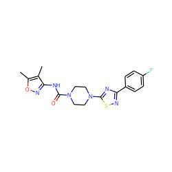 Cc1onc(NC(=O)N2CCN(c3nc(-c4ccc(F)cc4)ns3)CC2)c1C ZINC000095582984