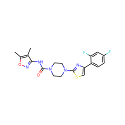 Cc1onc(NC(=O)N2CCN(c3nc(-c4ccc(F)cc4F)cs3)CC2)c1C ZINC000095583455