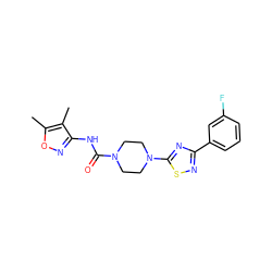 Cc1onc(NC(=O)N2CCN(c3nc(-c4cccc(F)c4)ns3)CC2)c1C ZINC000095584005