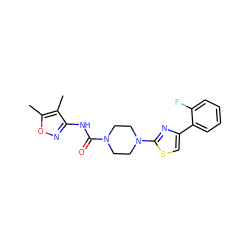 Cc1onc(NC(=O)N2CCN(c3nc(-c4ccccc4F)cs3)CC2)c1C ZINC000095581270