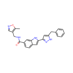 Cc1oncc1CNC(=O)c1ccc2cc(-c3cc(Cc4ccccc4)[nH]n3)[nH]c2c1 ZINC000049803414