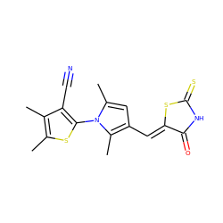 Cc1sc(-n2c(C)cc(/C=C3\SC(=S)NC3=O)c2C)c(C#N)c1C ZINC000013482320