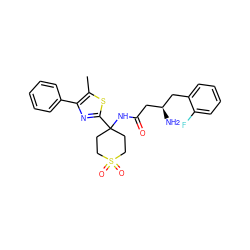 Cc1sc(C2(NC(=O)C[C@H](N)Cc3ccccc3F)CCS(=O)(=O)CC2)nc1-c1ccccc1 ZINC000095561270