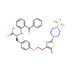 Cc1sc(N2CCN(S(C)(=O)=O)CC2)nc1CCOc1ccc(C[C@H](Nc2ccccc2C(=O)c2ccccc2)C(=O)O)cc1 ZINC000027557389