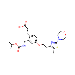 Cc1sc(N2CCOCC2)nc1CCOc1ccc(CCC(=O)O)c(CNC(=O)OC(C)C)c1 ZINC000034717787