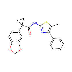 Cc1sc(NC(=O)C2(c3ccc4c(c3)OCO4)CC2)nc1-c1ccccc1 ZINC000148081738