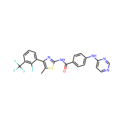 Cc1sc(NC(=O)c2ccc(Nc3ccncn3)cc2)nc1-c1cccc(C(F)(F)F)c1F ZINC000028952860