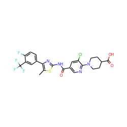 Cc1sc(NC(=O)c2cnc(N3CCC(C(=O)O)CC3)c(Cl)c2)nc1-c1ccc(F)c(C(F)(F)F)c1 ZINC000053297054