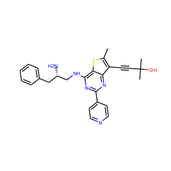 Cc1sc2c(NC[C@@H](N)Cc3ccccc3)nc(-c3ccncc3)nc2c1C#CC(C)(C)O ZINC000223693653