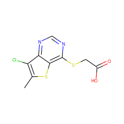 Cc1sc2c(SCC(=O)O)ncnc2c1Cl ZINC000653728029