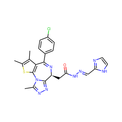 Cc1sc2c(c1C)C(c1ccc(Cl)cc1)=N[C@@H](CC(=O)N/N=C/c1ncc[nH]1)c1nnc(C)n1-2 ZINC000114766850