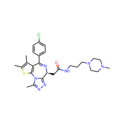 Cc1sc2c(c1C)C(c1ccc(Cl)cc1)=N[C@@H](CC(=O)NCCCN1CCN(C)CC1)c1nnc(C)n1-2 ZINC000114766975