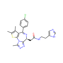 Cc1sc2c(c1C)C(c1ccc(Cl)cc1)=N[C@@H](CC(=O)NCCc1cnc[nH]1)c1nnc(C)n1-2 ZINC000114766818