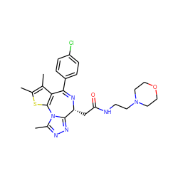 Cc1sc2c(c1C)C(c1ccc(Cl)cc1)=N[C@H](CC(=O)NCCN1CCOCC1)c1nnc(C)n1-2 ZINC000114766896