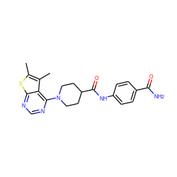 Cc1sc2ncnc(N3CCC(C(=O)Nc4ccc(C(N)=O)cc4)CC3)c2c1C ZINC000022393725