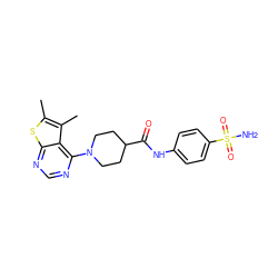 Cc1sc2ncnc(N3CCC(C(=O)Nc4ccc(S(N)(=O)=O)cc4)CC3)c2c1C ZINC000009463222