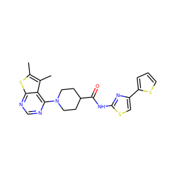 Cc1sc2ncnc(N3CCC(C(=O)Nc4nc(-c5cccs5)cs4)CC3)c2c1C ZINC000012946264