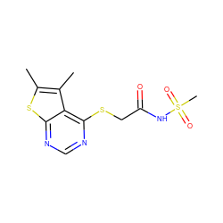 Cc1sc2ncnc(SCC(=O)NS(C)(=O)=O)c2c1C ZINC000042278981